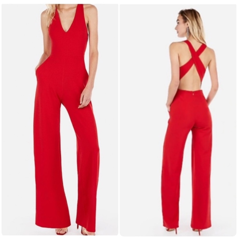 Express RED CROSS BACK WIDE LEG JUMPSUIT w/ Pockets XXS Petite